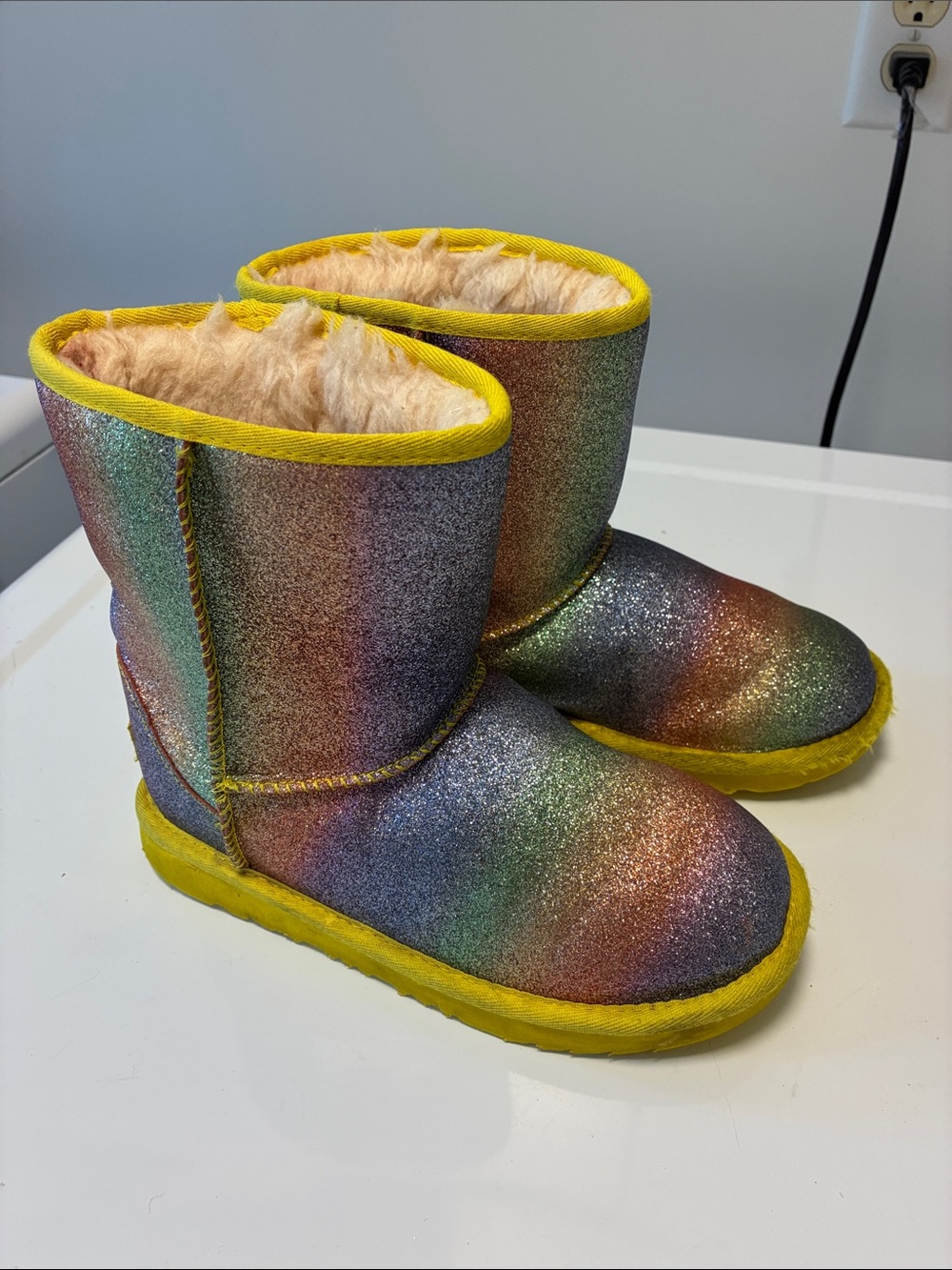 UGG Rainbow Glitter Boots with Yellow Trim kids size 3